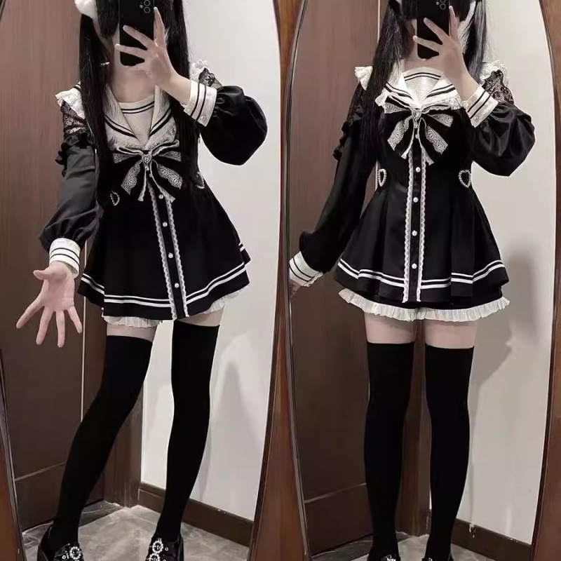 Slim Fit Suit Set - Jirai Kei Sailor Black Dress Lace