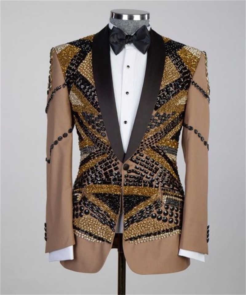 Crystals Khaki Men Suit Set 2  - Khaki Formal Wear Men 评论和价格