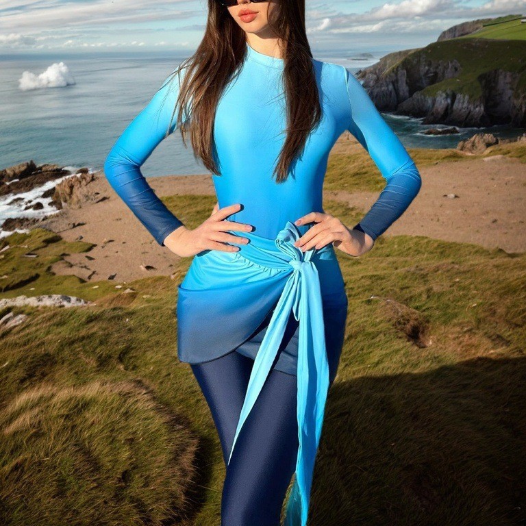 Blue Long Sleeve Swimsuit High - Slim Fit Suit Set 评论和价格