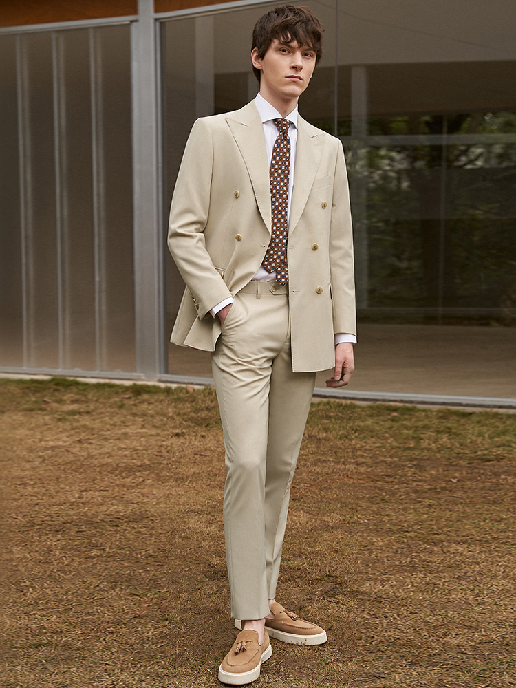 30% Wool Men Suits Set Blazer  - Khaki Formal Wear Men 评论和价格