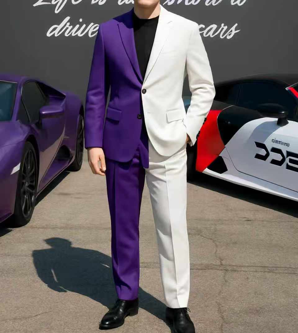 Purple White Men Suit Set 2 Pc - Men Formal Wear Purple 评论和价格